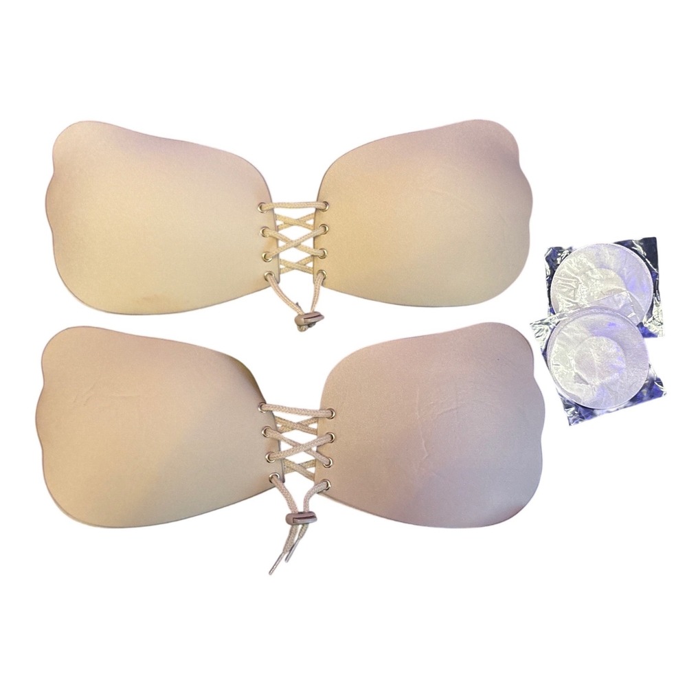 NEW Nude Lace Up‎ Strapless Adhesive Push Up Bra Cups with Nipple Covers, Size B